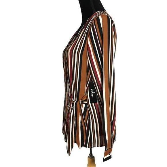Lulus McKenna Brown Multi Striped Long Sleeve Wrap Top - Size Medium - Picture 2 of 7